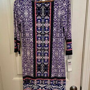 NWT London Times Fashion SZ 6 Petite Boho Design Purple Poly Dress w 3/4 Sleeves